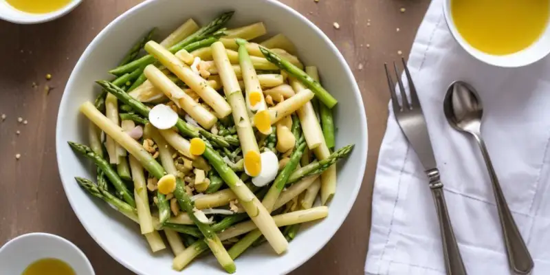 Salade de printemps aux pâtes, asperges et vinaigrette citronnée