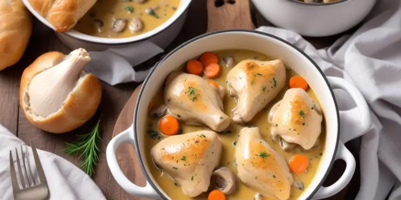 Cuisses de poulet à la crème et champignons frais en cocotte
