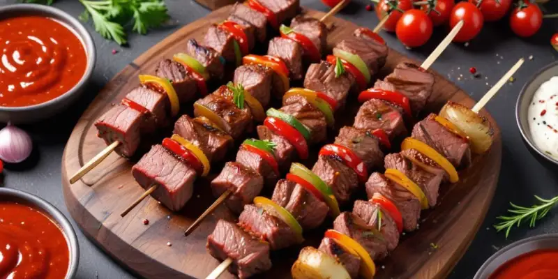 Brochettes de bœuf aux oignons rouges et sauce barbecue maison