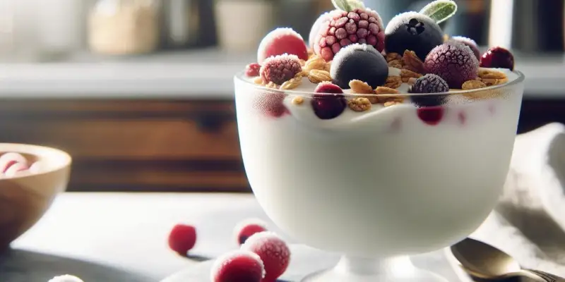 Yaourt grec avec granola et fruits rouges surgelés