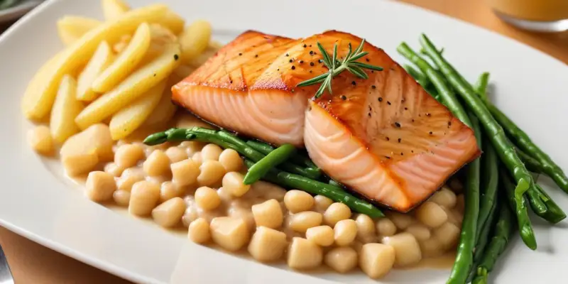 Filet de Saumon Poêlé, Purée de Pommes de Terre et Haricots Verts
