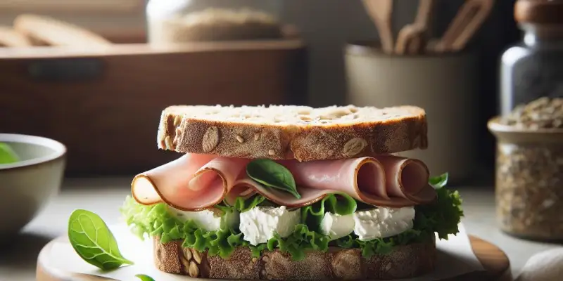 Sandwich au pain complet avec jambon de pays, fromage de chèvre frais et mâche