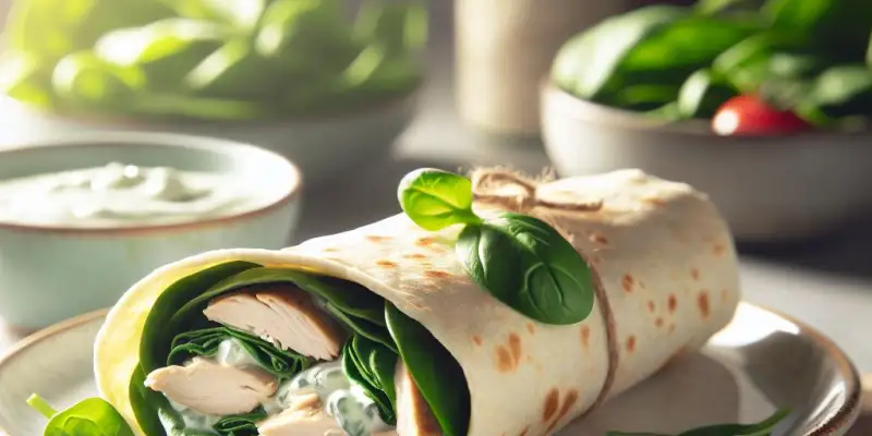 Wrap au poulet froid, épinards frais, et sauce au yaourt et herbes