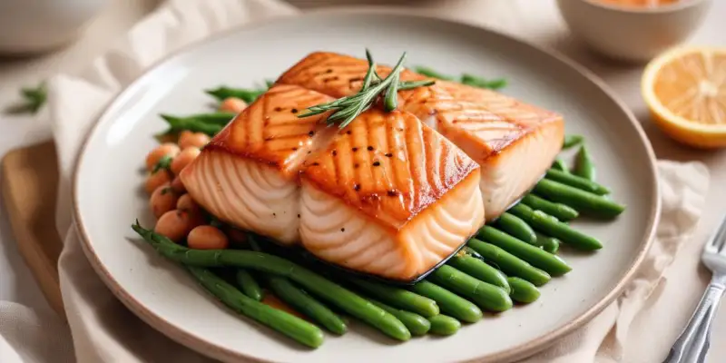 Saumon Grillé, Sauce à l'Aneth et Haricots Verts