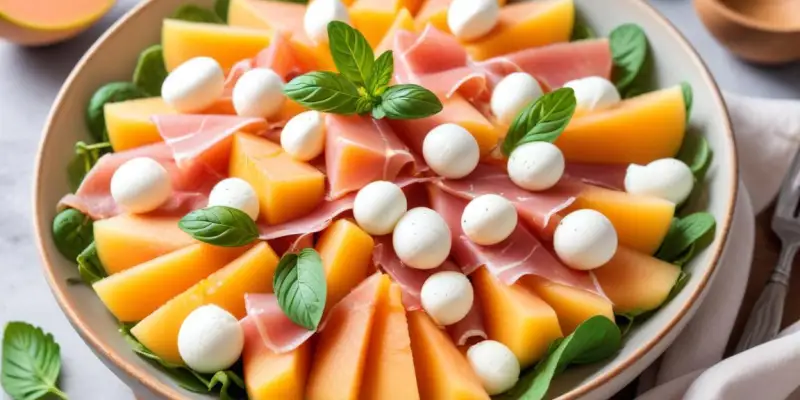 Salade Estivale de Melon au Jambon Cru, Mozzarella et Menthe