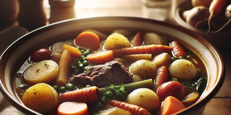 Pot-au-feu de légumes racines et boeuf, bouillon parfumé aux herbes