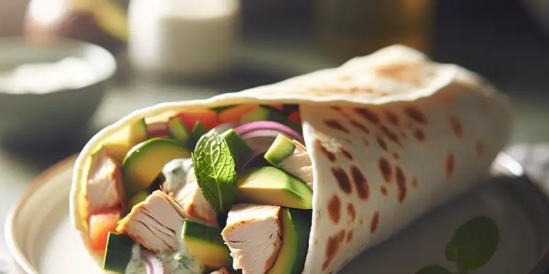 Wrap au poulet rôti, avocat, crudités et sauce yaourt-menthe