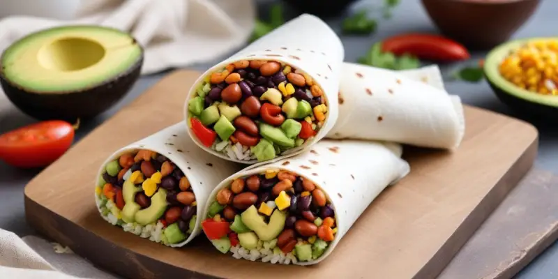 Wrap Tex-Mex aux Haricots Noirs, Riz aux Épices, Avocat, Maïs Grillé et Salsa Fraîche