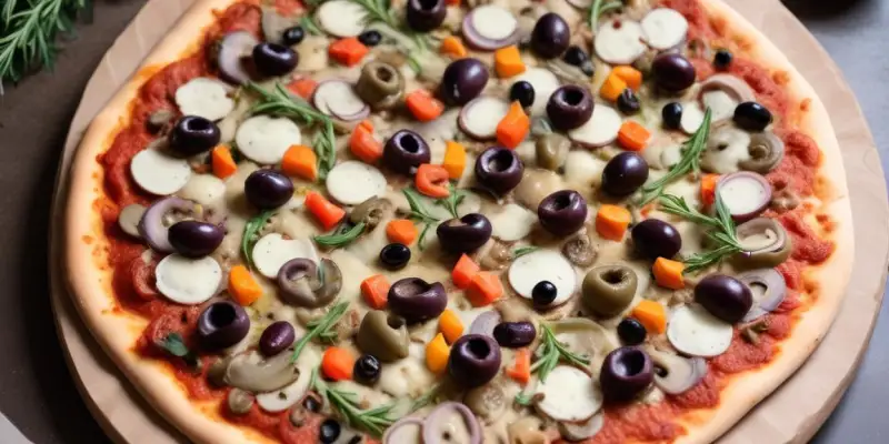 Pizza aux légumes de saison (artichauts, champignons, olives)