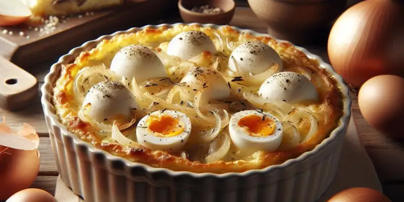 Gratin d'œufs durs, compotée oignons & champignons