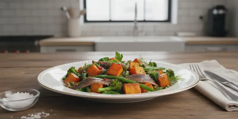 Poêlée de patates douces aux anchois et légumes verts