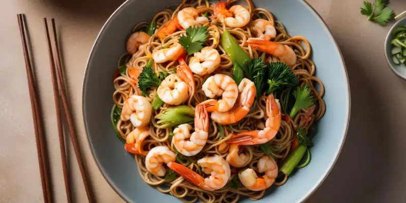 Wok de crevettes à l’ail et nouilles soba