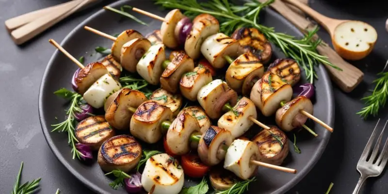 Brochettes de champignons et halloumi grillé aux herbes