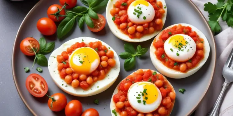Oeufs Pochés aux Pois Chiches et Purée de Tomates