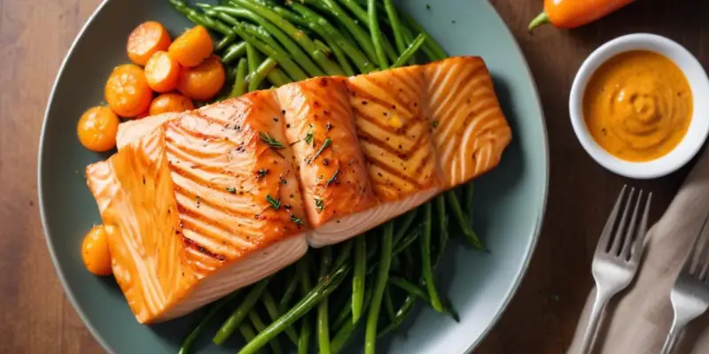 Saumon Grillé, Purée de Carottes Nouvelles et Haricots Verts