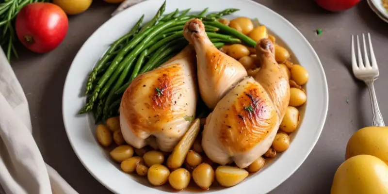 Poulet rôti fermier, pommes de terre grenaille et haricots verts frais