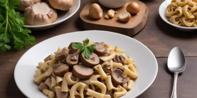 Pâtes à la côte de porc et champignons de Paris