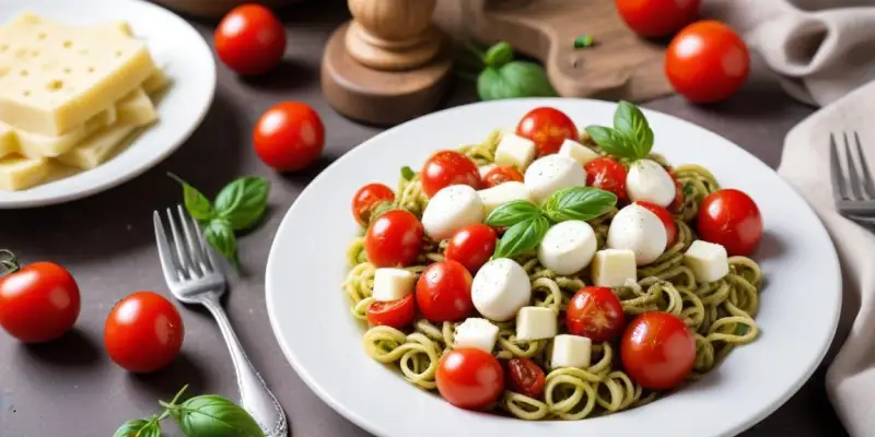 Salade de Pâtes au Pesto, Tomates Cerises et Mozzarella