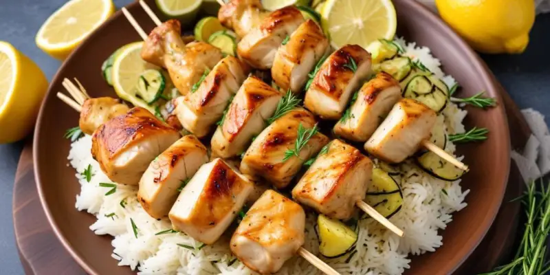 Brochettes de poulet mariné au citron et herbes, riz basmati et courgettes grillées