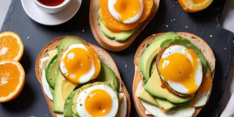 Brunch : Tartines d'avocat, œufs brouillés et jus d'orange frais
