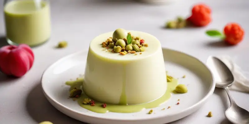 Panna cotta à la rhubarbe rôtie et éclats de pistache