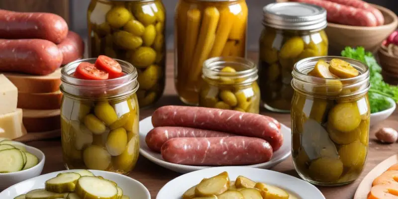 Verrines de saucisson sec, pickles et cornichons