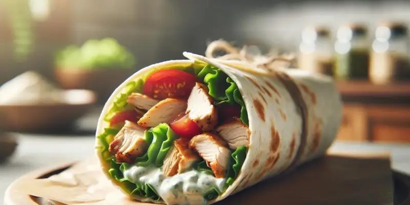 Wrap au poulet rôti, crudités et sauce au yaourt