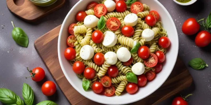 Salade de Pâtes au Pesto, Tomates Cerises et Mozzarella