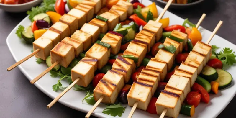 Brochettes de tofu fumé et légumes marinés au soja
