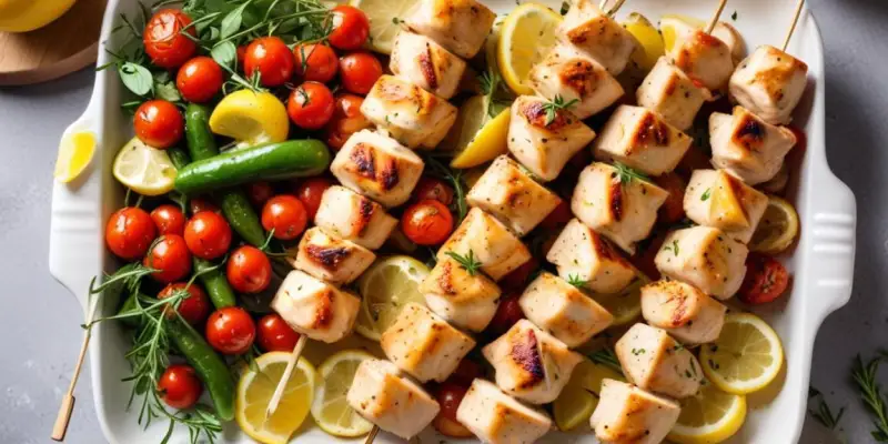 Brochettes de Poulet Marinées au Citron et Herbes, Légumes Grillés