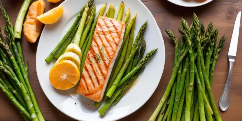 Asperges vertes grillées, saumon et pommes de terre nouvelles