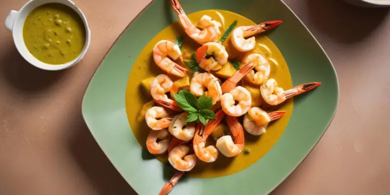 Brochettes de lotte et crevettes au curry vert et lait de coco
