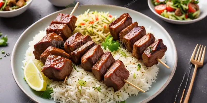 Brochettes de boeuf marinées, riz basmati et salade verte