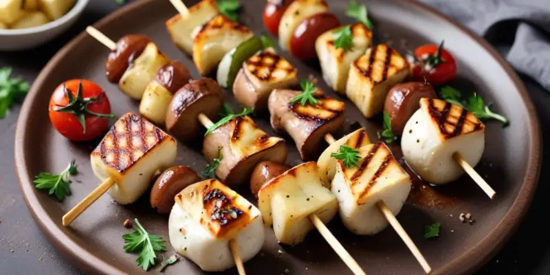 Brochettes de champignons et halloumi