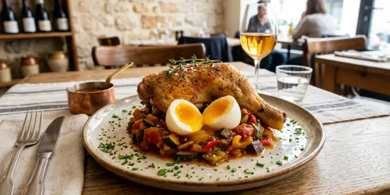 Poulet Rôti au Soleil et son Nid de Ratatouille aux Œufs Mollets
