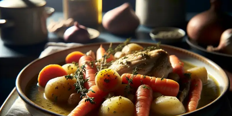 Pot-au-feu de poulet aux légumes racines et herbes de Provence