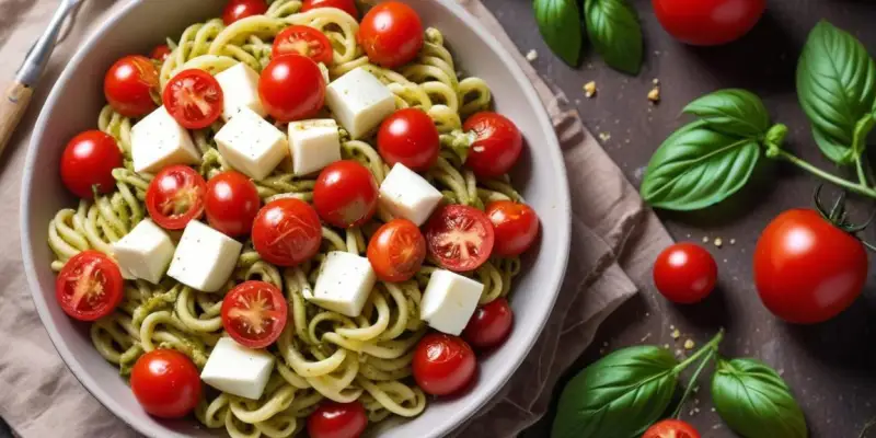 Salade de Pâtes au Pesto, Tomates Cerises et Mozzarella