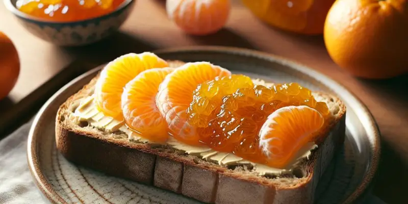 Pain complet avec beurre et confiture d'hiver (orange, clémentine)