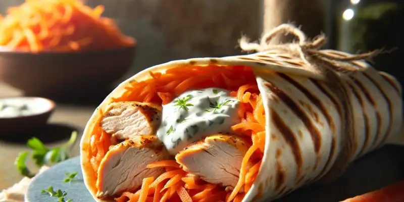 Wrap de poulet rôti, carottes râpées, et sauce au yaourt et herbes