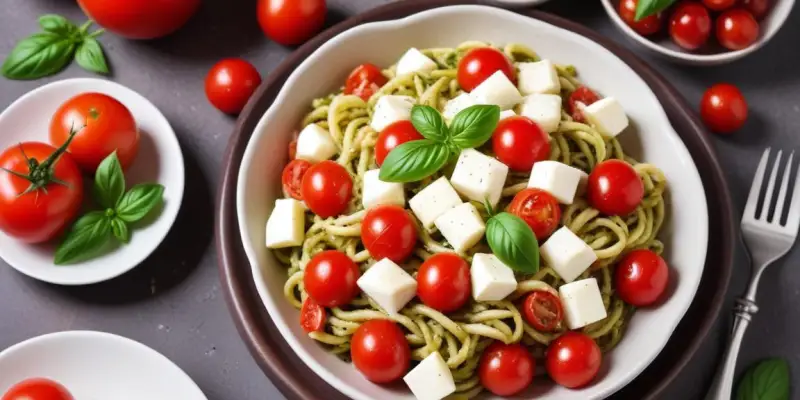Salade de pâtes au pesto, tomates cerises et mozzarella (à emporter)