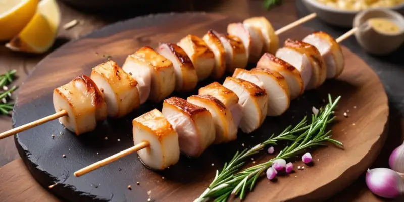 Brochettes de Saint-Jacques enrobées de lard fumé et ail grillé