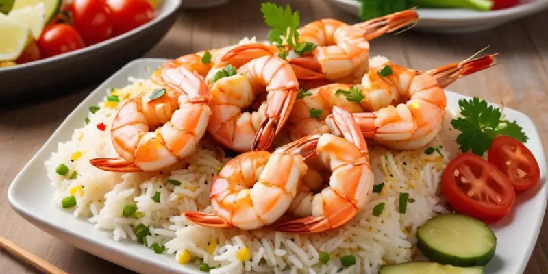 Brochettes de crevettes grillées avec riz basmati et légumes sautés