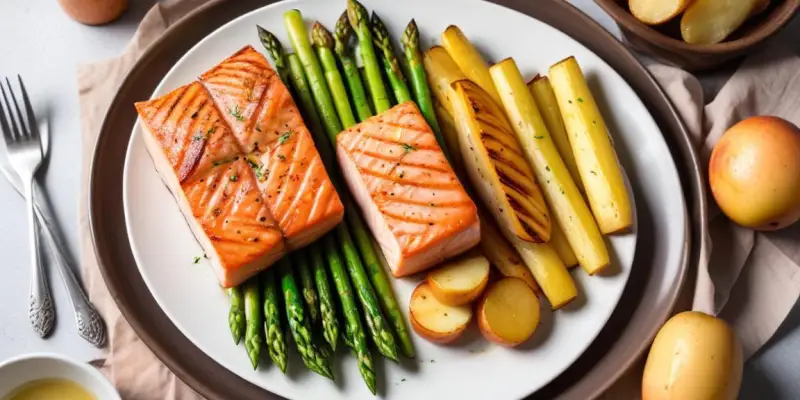 Saumon grillé printanier, asperges et pommes de terre nouvelles