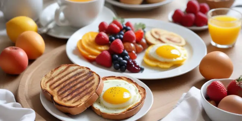 Brunch : pain grillé, œufs brouillés, fruits frais