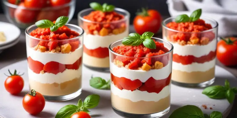 Verrines de mousse de mascarpone, tomates séchées et basilic
