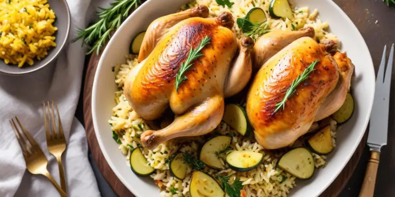 Poulet rôti aux herbes de Provence, courgettes et riz