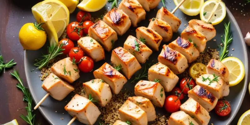 Brochettes de Poulet Marinées au Citron et Herbes, Quinoa et Légumes Grillés