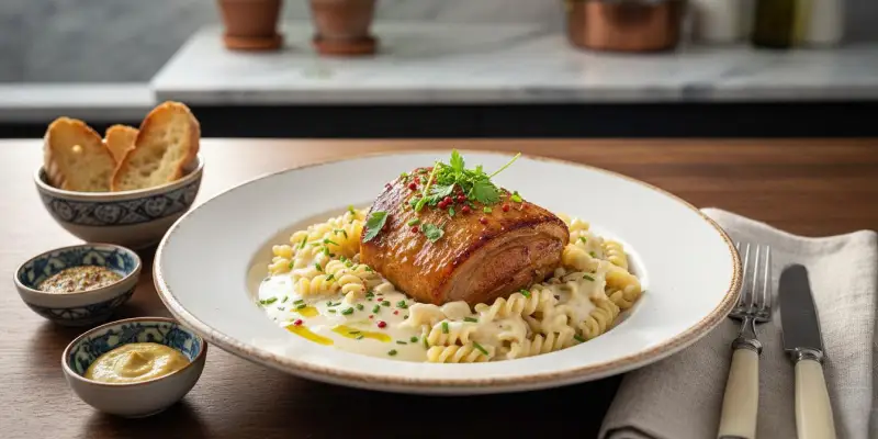 Échine de Porc Fondante aux Pâtes et Sauce Blanche Crémeuse