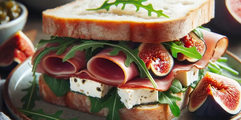 Sandwich au jambon de pays, fromage de chèvre frais, roquette et chutney de figues