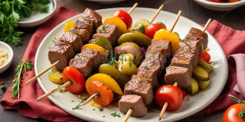Brochettes d'agneau, taboulé de légumes frais